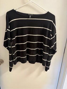 Eileen Fisher Black White Striped Bateau Neck Box Top Sweater Organic Knit M
